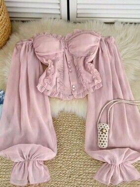 Eegant Pink Woven Fabric Crop Top With Queen Anne Neckline Flare Three Quarter